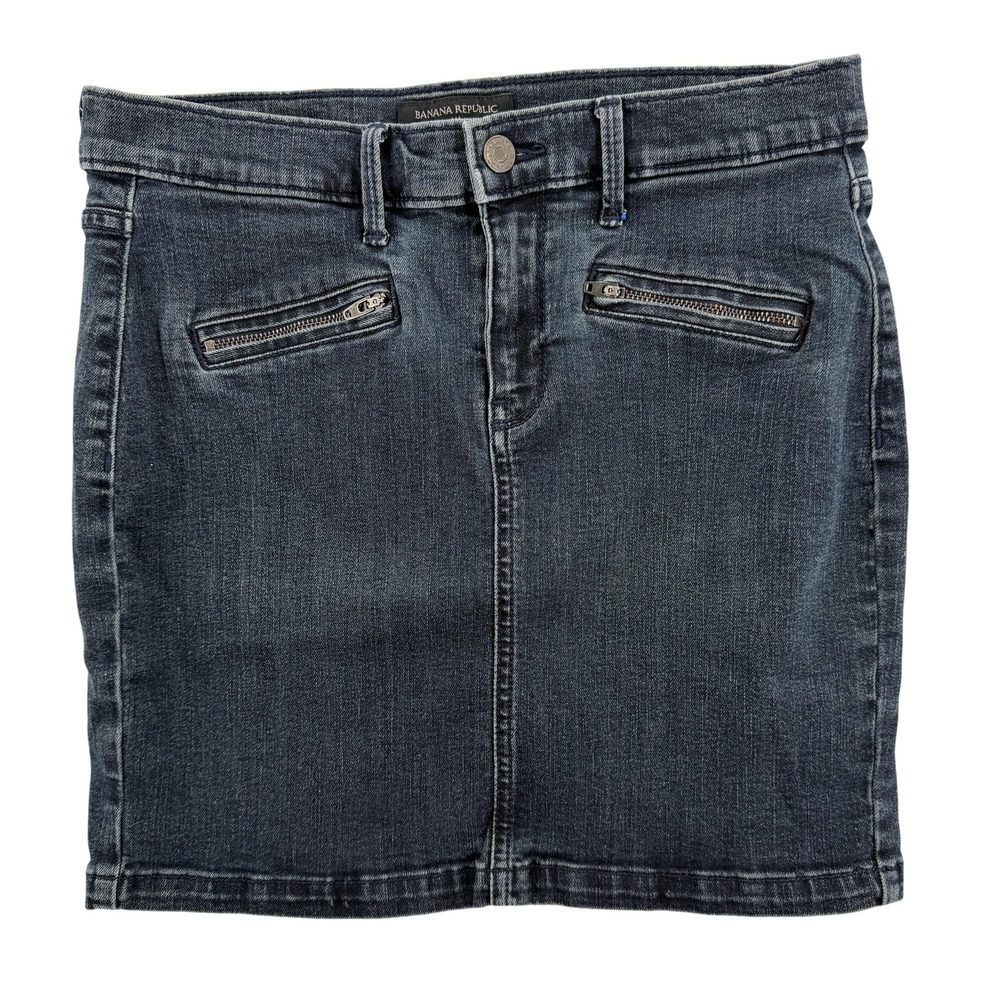 Banana Republic‎ Skirt Womens 4 Dark Wash Denim Pencil Mini Zip Pockets Stretch